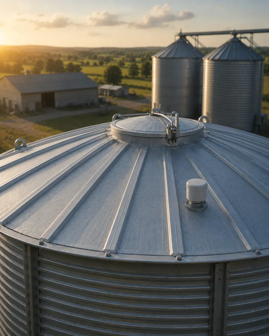 Sensor radar instalado en la parte superior de un silo